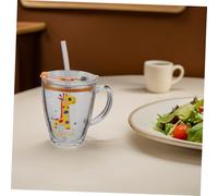Healifty Tempered Glass Milk Cup with Handle and Accurate Scale Heat Resistant Cartoon Drinking Mug for Breakfast Juice Milk Microwave Safe Giraffe Design