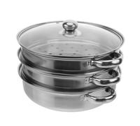 Healifty Three Layer Stainless Steel Steamer Pot with Tempered Glass Lid Energy Saving Double Bottom Cookware for Healthy Steaming Riveted Handles Suitable for Multiple Heat Sources Cooking