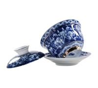 Healifty Traditional Chinese Blue and White Ceramic Gongfu Teacup with Lid and Saucer Food Grade Porcelain Tureen for Kung Fu Tea Ceremony Home Use Smooth Texture and Decorative Design Tea