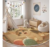 Healing Anime Style Round Rugs 180cm, Warm Beige | Washable Soft Low Pile, Non-shedding, Tabby Cat Yarn Ball Circle Area Rug with Non-slip Backing for Kids Bedroom, Playroom and Reading Corner