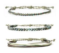 Healing Bracelet Adjustable 3 Pcs/Set Friendship Bracelets Wax Line Braided Vintage Lightweight Natural Stone Beaded Wrist Set Light Green