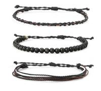 Healing Bracelet Adjustable 3 Pcs/Set Friendship Bracelets Wax Line Braided Vintage Lightweight Natural Stone Beaded Wrist Set