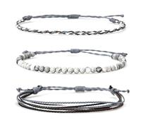 Healing Bracelet Adjustable 3 Pcs/Set Friendship Bracelets Wax Line Braided Vintage Lightweight Natural Stone Beaded Wrist Set Grey