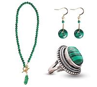 Healing Crystal 1Pcs Malachite Crystal Safety Buckle Pendant Earrings 1Pcs Malachite Crystal Beadeds Leaf Pearl Pendant Necklace and 1Pcs Malachite Crystal Ring for Reiki Balance Spiritual Crystal