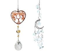 Healing Crystal Agate Crystal Crushed Stone Tree of Life Heart Shape with White Crystal Pendant Wind Chime Ornament and Silver Moon with Pentagram Pendant Wind Chime for Home Decoration