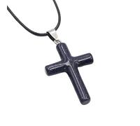 Healing Crystal Cross Necklace for Women Men Crystal Pendant Chain Natural Gemstone Adjustable Leather Cord Rope Chain Reiki Jewellery Gift Blue Sand Necklace