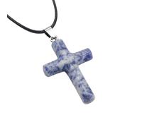 Healing Crystal Cross Necklace for Women Men Crystal Pendant Chain Natural Gemstone Adjustable Leather Cord Rope Chain Reiki Jewellery Gift Blue Dot Necklace