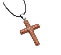 Healing Crystal Cross Necklace for Women Men Crystal Pendant Chain Natural Gemstone Adjustable Leather Cord Rope Chain Reiki Jewellery Gift Golden Sand Necklace