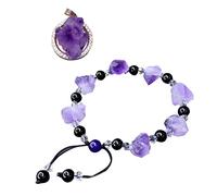 Healing Crystal Natural Amethyst Raw Stone with Obsidian Crystal Beads Bracelet Irregular Raw Stone Pendant Necklace for Beginner Reiki Blancing Spiritual Meditation