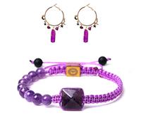 Healing Crystal Natural Energy Crystal 1Pcs Amethyst Irregular Hexagonal Pendant Earrings and 1Pcs Amethyst Hand Woven Bead Pyramid Pendant Bracelet for Yoga Reiki Meditation