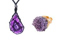 Healing Crystal Natural Energy Crystal Amethyst Agate Irregular Hand Woven Necklace and Irregular Amethyst Raw Stone Open Ring for Yoga Reiki Blancing Meditation