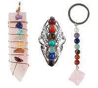 Healing Crystal Natural Energy Seven Chakra Crystal Rose Quartz Crystal Set 1Pcs Pink Crystal Mercaba Hexagram Pendant Keychain Hexagonal Prism Pendant Necklace 1Pcs Open Ring for Yoga