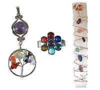 Healing Crystal Natural Energy Seven Chakra Crystal Set-1Pcs Tree of Life Pendant Necklace 1Pcs Flower Shape Open Ring 1Pcs Raw Stone Wire Wrapped Gypsum for Yoga Reiki Meditation
