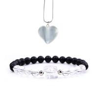 Healing Crystal Natural Energy White Crystal Beads with Pyramid Bracelet Moroccan Crystal Plaster Heart Shape Pendant for Yoga Reiki Blancing Chakra Spiritual Meditation