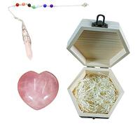 Healing Crystal Natural Rose Quartz Crystal Heart Shape Love Stone Seven Chakra Crystal Pink Crystal Pendant Pendulum Wooden Hexagon Gift Box Packing Reiki Meditation Spiritual