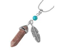 Healing Crystal Point Pendant Necklace For Women Men Vintage Feather Necklace Spiral Hexagonal Stone Pendant With Long Silver Chain 60Cm Line Rhodonite