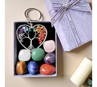 Healing Crystals Set in Gift Box - 7 Chakra Tumbled Gemstones and Tree of Life Keyring, Natural Crystal for Beginners, Crystals Gifts for Women (Tumbled Stones Set)