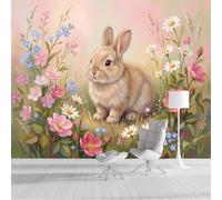 Healing Pastoral Style Mural Wallpaper, Watercolor Wild Rabbit Flower Cluster Photo Wallpaper for Bedroom, Living Room, TV Backdrop, Office, 3D Panoramic Wall Mural Silk Wall Paper 250x175cm (WxH)