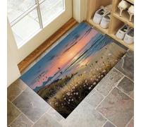 Healing Scenery Indoor Doormat, Wildflowers At Sunset By The Sea Non-Slip Absorbent Machine Washable Resist Dirt Entrance Area Rug, Yellow-Green for Inside Entrance Front Back Door Garden,