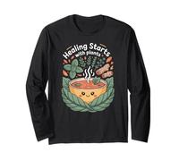 Healing Starts with Plants, Cute Kawaii Cheerful Soup Bowl Long Sleeve T-Shirt