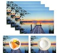 Healing Style The Pier Extends To The Lake Surface Spring Set of 8 Placemats, Seasonal Kitchen Table Decoration Indoor Holiday Party Decor 30x45cm, Yellow Blue