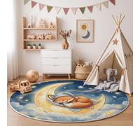 Healing Watercolor Animals Rug for Living Room - Round 120cm | Fox Crescent Moon Clouds Washable Circle Area Rugs for Bedroom, Non Slip Soft Low Pile Circular Carpet for Kids Bedroom Reading Corner