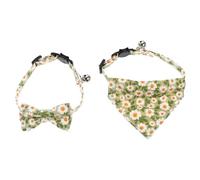 HEALLILY 2pcs Adjustable Kitten Bow Tie Collar and Green Triangle Scarf Set, Floral Pattern Cat Neckwear with Breakaway Safety Buckle for Daily Wear and Party Use