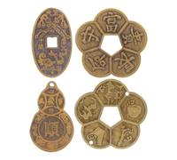 HEALLILY 4pcs Brass Chinese Fortune Coins with Intricate Patterns for Table Accents and Wall Hangings, Ancient Style Decorative Versatility and Fortune-telling Ornament for Chinese Luck