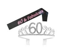 HEALLILY 60th Birthday Rhinestone Crown Hair Comb with Crystal Party Sash, Elegant Etiquette Belt for Women’s Birthday Celebration and Party Decoration