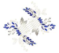HEALLILY Blue Rhinestone Hair Comb Not Easy to Fade or Fall 2 Pcs with Silver Leaf Design Metal Crystal Hair Side Comb for Wedding and Special Days for Female Friends