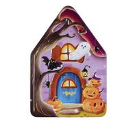 HEALLILY Halloween Candy Jar Cookie Tin with Lid, House Shaped Iron Treat Container, Decorative Storage Box for Seasonal Displays and Party Favors, Versatile Gift and Decor