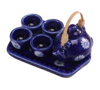 HEALLILY Miniature Ceramic Tea Set 6pcs Navy Blue Japanese Style Mini Teapot Cups Tray Dollhouse Accessories Scene Prop for Dollhouse Decoration