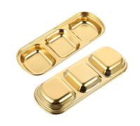 HEALLILY Seasoning Dish Three Grid Appetizer Dish 2pcs 304 Stainless Steel Golden Plated Compartment Sauce Plate for Kitchen Food Serving
