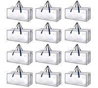 HealSmart 12 Pack Extra Large Moving Bags with Zippers & Carrying Handles, Heavy-Duty Storage Tote Moving Boxes for Dorm Room Essentials Storage Bags, Clear