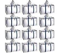 HealSmart 12 Pack Large Moving Bags with Zippers and Handles, Moving Supplies with Lids, Heavy Duty Space Saving Totes, Folds Flat,Moving and Storing, Clear