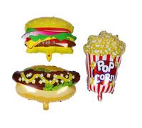 HEALSOPTHY 3pcs Food Themed Foil Balloons Popcorn Hamburger Hot Dog for Birthday Movie Night Party Decorations Interactive