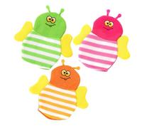 HEALSOPTHY 3pcs Kids Bath Mitts Exfoliating Body Scrubbing Gloves Cartoon Foaming Shower Gloves for Toddlers Baby Sponge Washcloths Set in Green Yellow Red for Bathing
