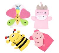 HEALSOPTHY 4Pcs Cartoon Bath Mitts Soft Exfoliating Wash Gloves with Animal Designs Gentle Shower Bath Sponge for Newborns and Portable Bathroom Cleaning