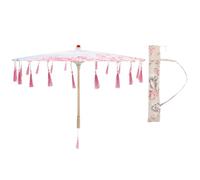 HEALSOPTHY Tassel Umbrella Decorative Oriental Parasol for Dance Chinese Style with Pink Silk Cloth and Wood Handle for Stage Shows and Vacations