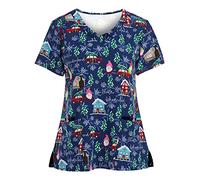 Health Care Uniforms for Women Nursing Cat Grooming Cute Print Beauty Tunic Care Uniform Carers Uniform Scrub Tops Work Tops Dog Grooming Christmas Cute Printed Beauty Salon for Career Day Dark Blue