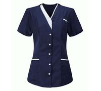 Health Care Uniforms V Neck Button Healthcare Navy Scrub Tunic Short Sleeve Pocket Office Uniform Tshirt Lightweight Medical Workwear Scrub Tops for Women UK Plus Size