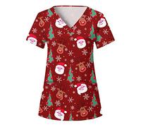 Health Scrub Tops for Women UK Plus Size Casual Shirt For Women Merry Christmas Printed Short Sleeve V Neck Holiday Fun Patterned Working Tshirts Blouse Tops With Pockets Nursing Scrub Wine