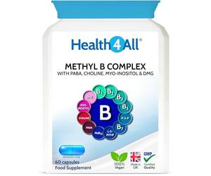 Health4All Methyl B-Complex, 60 Capsules with Methylcobalamin, Methyl Folate, DMG & PABA Supplement, Support Stress, Energy, Methylation, Aid Nervous & Physiological Function | Made in UK (not Tablet)