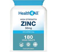Health4All Zinc 50mg 180 Tablets 6 Months Supply, with Copper, High Strength Zinc Supplements for Immune Support, Skin, Hair & Nail, Vegan Immunity Supplements for Men & Women | Made in UK