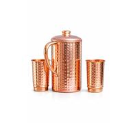 HEALTHANDVEDA™ Pure Copper Water Jug | Copper Pitcher with Lid for Drinking Water | Traditional Ayurvedic Tamra Jal Vessel for Drinking Water 1.5Lt Capacity (Hammered Copper Jug + 2 Cup)