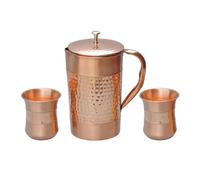HealthGoodsIn Pure Copper Water Jug with 2 Copper Tumblers (Hammered and Plain Pattern) For Ayurveda Health Benefits (With Curved Glass), CU-77