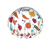Healthy Food Print Shower Cap - Reusable Bath Hair Cap, Double Layer, Adjustable Elastic Strap, Durable Travel Essential
