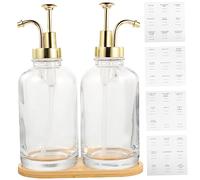 Healvian 1Set Multi Use Glass Syrup Dispenser Decorative Pump Bottles for Coffee Bar Honey and Juice Storage with Tray and Stickers for Home and Bakery Use