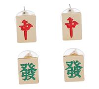 Healvian 2 Pairs Creative Mahjong Design Earrings for Lightweight Matte Square Ear Jewelry Vintage Red Fa Cai Stylish Chinese Style Accessory for Women
