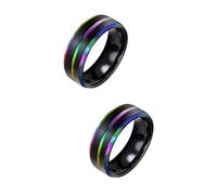 Healvian 2 pcs Rainbow Titanium Steel Ring for Men Double Plated Grooved Design Durable Hand Jewelry Unique for Male Friends